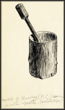 From the archives of the American Philosophical Society, ink drawing of a Cherokee mortar and pestle.