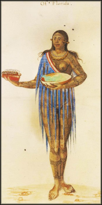 John White's watercolor, in Thomas Hariot's book, of a woman holding maize.