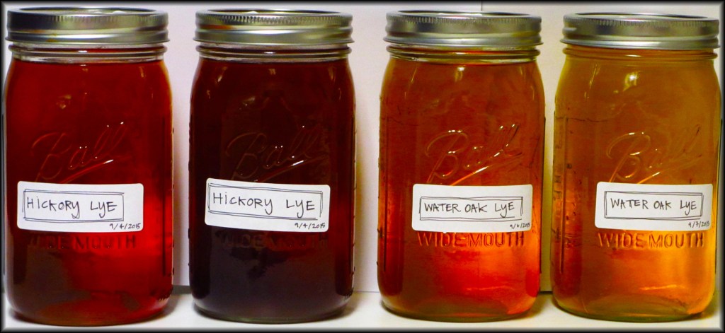 Four quarts of homemade lye made from hickory and water oak ash (separately).